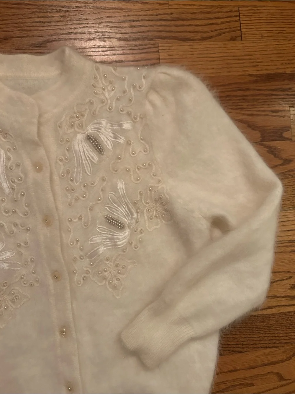 Women’s Soft Cream Beaded Angora Blend Retro Inspired Grandmacore Cardigan